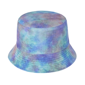 Detail of high-density cotton fabric on tie-dye bucket hat with parallel reinforced stitching