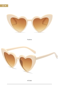 Front and side views of heart-shaped beige sunglasses with brown gradient lenses
