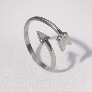 Macro detail of a silver arrow-shaped open ring made of polished stainless steel