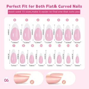 Detailed size chart for almond shaped press-on nails with 15 specific dimensions in mm