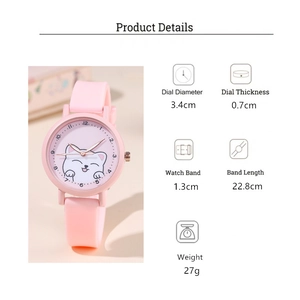 Detailed size specifications of pink silicone quartz watch with cute kitten dial pattern