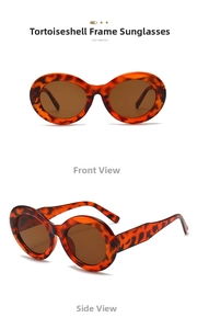 Detailsicht der ovalen Schildpatt-Sonnenbrille mit braunen Gläsern von vorne und der Seite