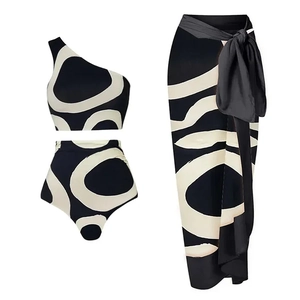 Three-piece bikini set with one-shoulder top, high-waist bottoms and matching sarong skirt