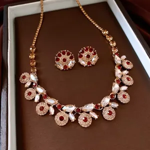 Vintage Necklace Earrings Jewelry Alloy Rhinestone Flower Water Drop With Silver Earring Post French Court Style Retro Women