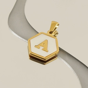 18k gold plated stainless steel hexagonal pendant with initial A on reflective surface