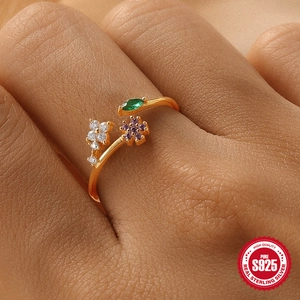 S925 sterling silver gold open ring with colorful heart floral stones on finger