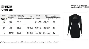 Tableau des tailles détaillé pour mini robe à manches longues avec mesures buste et taille