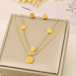 Luxurious gold-tone double-layered necklace and shell pendant stud earring jewelry set