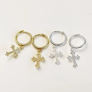 Detailed view of S925 sterling silver cross hoop earrings in gold and silver plating