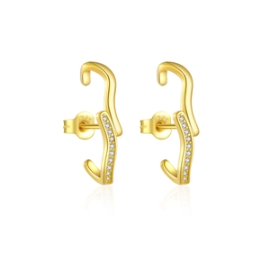 S925 sterling silver gold earrings with irregular curved design and micro-set cubic zirconia