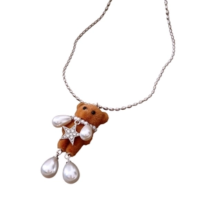 Adjustable silver bead necklace with brown flocked bear, faux pearl and rhinestone star