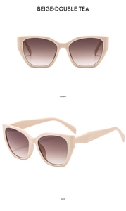 Front and side view of beige polygon cat-eye sunglasses with brown gradient lenses