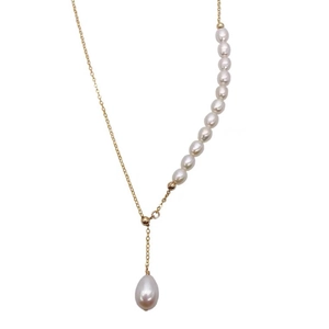 14K gold filled necklace featuring natural freshwater pearls and a teardrop pendant