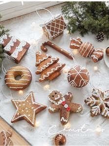 Macro view of gingerbread style Christmas ornaments with white frosting textures