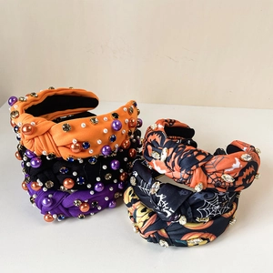 Halloween Knotted Headband Women Fabric Wide Baroque Hair Hoop Rhinestone Imitation Artificial Pearl Pumpkin Spider Web Ghost Decor