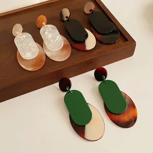 Retro Geometric Dangle Earrings Acrylic Resin Mixed Colors For Women With Silver Earring Post