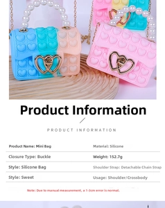 Detail of pink and blue heart-patterned silicone bags with pearl handles and gold chains
