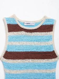 Detail of blue and brown striped knit vest showing the ribbed neckline and fabric texture