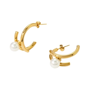 Double-layered 18K gold geometric C-shape stud earrings with white pearls for women