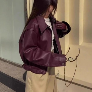 Veste en cuir PU bordeaux pour femme avec coupe ample et détails de fermeture éclair