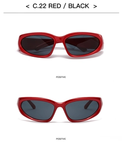 Front view detail of red oval sports sunglasses with black lenses, model C.22