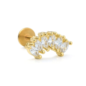 Macro shot of 316L gold labret stud with five marquise-cut zircons on white background