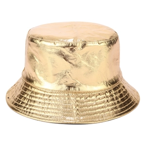 Golden metallic coated bucket hat with decorative stitching for party streetwear style