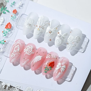 5D embossed flower nail stickers with 3D white roses and butterfly knots design