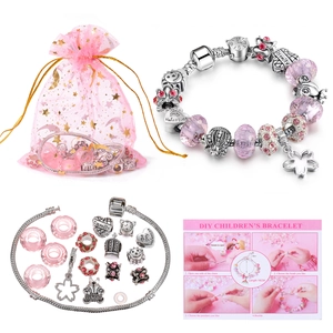 Pink DIY children's bracelet set with acrylic beads, crown charms and silver snake chain
