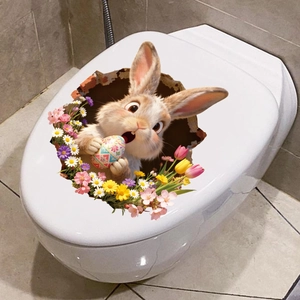 3D Easter bunny with colorful eggs and flowers wall sticker on a white toilet lid