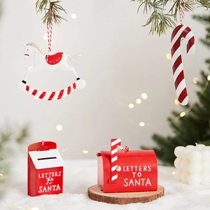 Christmas tree ornaments set with metal mailboxes, rocking horse and candy cane decorations
