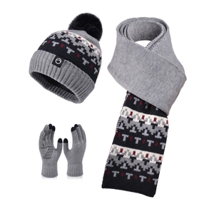 Three-piece winter knit set with grey geometric beanie, scarf and touch gloves