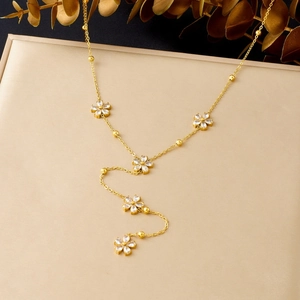 Collier Pendentif Fleur Forme Y Gland Acier Inoxydable Plaqué Or Zircon Bijou Élégant Pour Femmes
