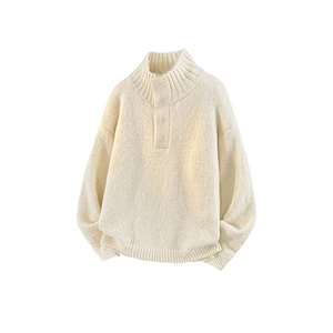Men's off-white chunky knit henley sweater with high neck and buttoned placket detail