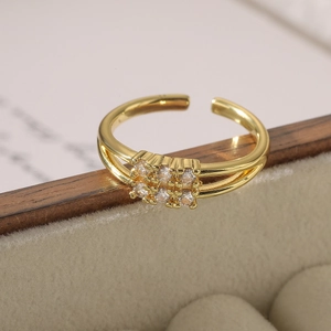 Minimalist double-layer 18K gold plated open ring featuring six white zircon stones