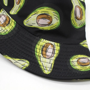 Reversible bucket hat with avocado print and reinforced stitching on black cotton fabric
