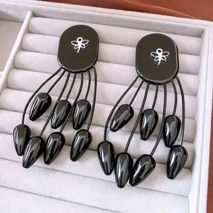 Boucles D Oreilles Pendantes À Franges Noires Avec Tige En Argent Sterling 925 Résine Ovale Bois Papillon Bijoux Rétro