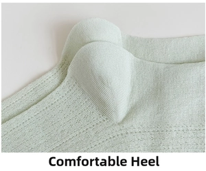 Close-up of comfortable reinforced heel on light green mesh knit summer socks