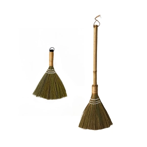 Natural bamboo and miscanthus broom set with long handle and short handheld brush