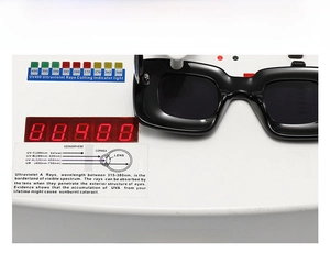 Detail showing UV400 test of black square sunglasses on a multi-function lens detector