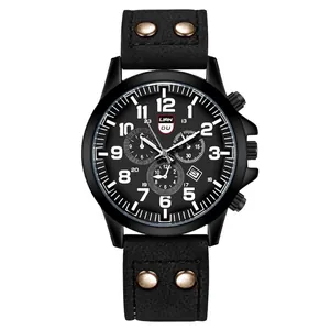 All-black men's chronograph quartz watch with matte case and studded leather strap