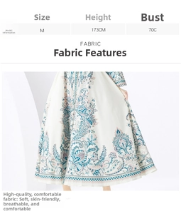 Detailed fabric shot of a floral paisley print dress with white base and blue pink patterns
