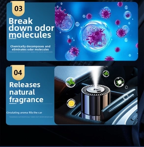 Detail of car air freshener showing molecular deodorization process and scent varieties