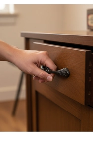 Detail of vintage cast iron drawer handle with radial embossed texture on wooden furniture