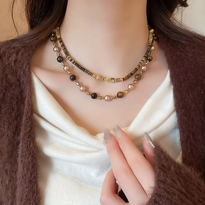 Double-layer pearl and tiger eye stone necklace with 18K gold plating for a vintage look