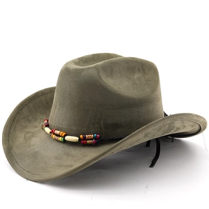 Olive green suede western cowboy hat with colorful ethnic beadwork on plain background