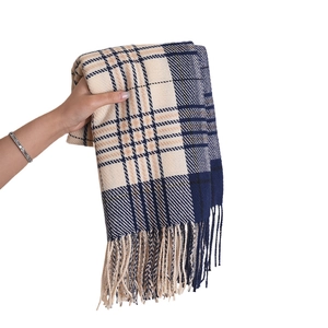 Fashionable beige and navy blue plaid knit scarf with tassel details for women