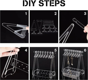 Step-by-step DIY guide for assembling a clear acrylic earring hanger organizer with mini clothes hangers