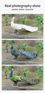 Three realistic peacock figurines in white, blue and green colors on rock bases