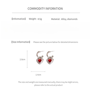 Detailed size info for silver heart earrings with red stones and alloy material